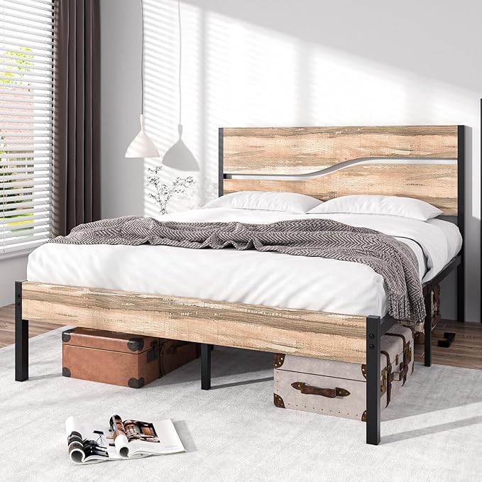 VECELO Queen Size Bed Frame with Wood Headboard and Footboard, 14 Inch Platform/No Box Spring Needed, Heavy Duty Support, Easy Assembly