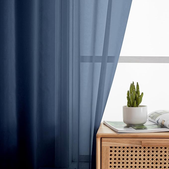 Aiyufeng Navy Blue Sheer Window Curtain Panels 54 Inch, Light Filtering Solid - Image 2