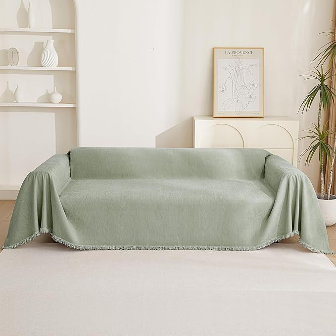 MYSKY HOME Chenille Sofa Slipcovers Sage Green Sofa Covers with Tassel Edge L Shaped Sectional Couch Covers for 3 Cushion Couch, Washable Thick Durable Furniture Protector for Dogs Kids 91"x 134"