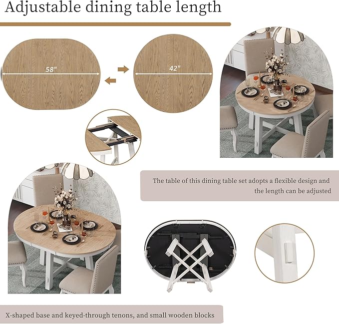 5 Pieces Dining Table Set with 43" Round Extendable Desk,Living Room Furniture W/ 4 Upholstered Curved Legs Chairs,for Restaurant,Home Bistro,Oak Natural Wood+Antique White