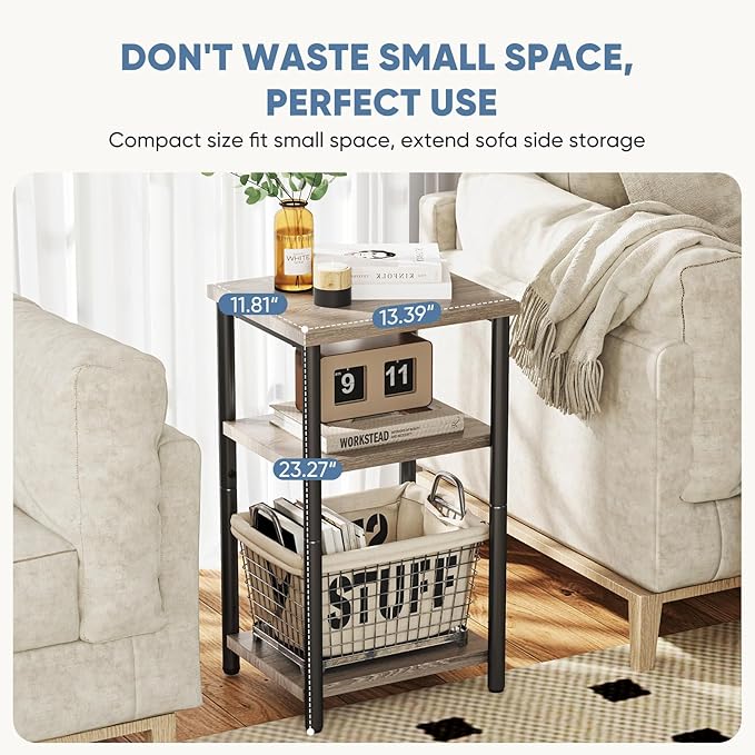 DUMOS End Table, 3 Tier Side Sofa Tables for Small Space, Storage Shelf, Nightstand with Adjustable Feet for Living Room, Bedroom, Office, Set of 1, Oak Grey