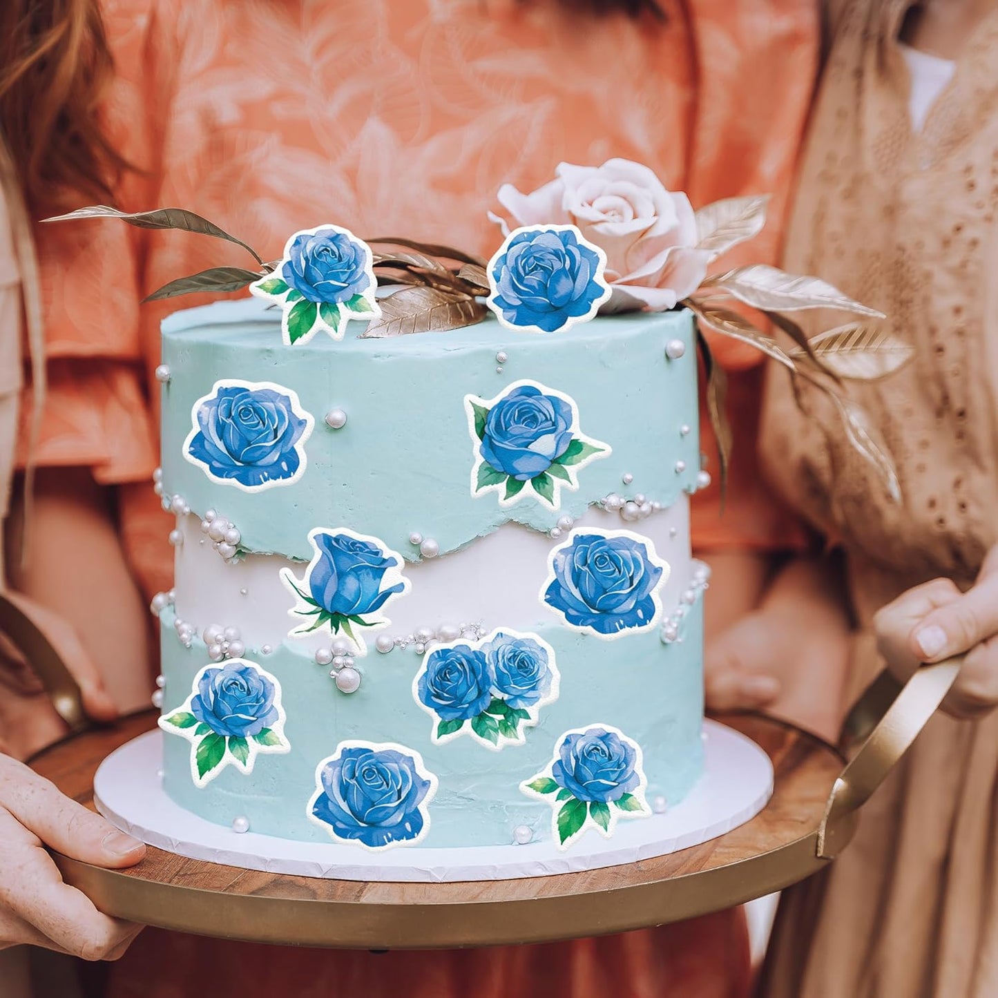 48PCS Edible Rose Flower Cupcake Toppers Wafer Paper Roses Decorations Flower Birthday Party Decorations Rose Cake Toppers for Wedding Engagement Birthday Party Cake Decor Supplies (Blue)