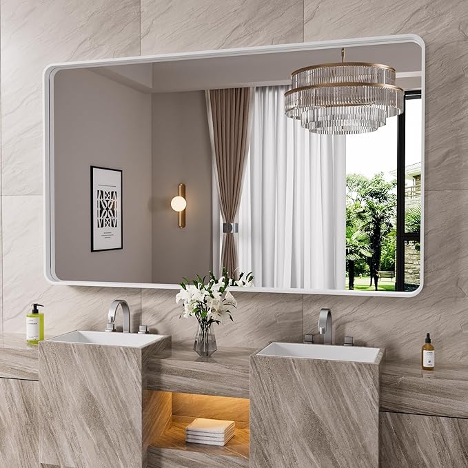 White Bathroom Mirror 50x30 Inch, White Metal Framed Bathroom Mirror for Wall, Rounded Rectangle Matte Bathroom Vanity Mirror, Tempered Glass, Anti-Rust, Horizontal/Vertical
