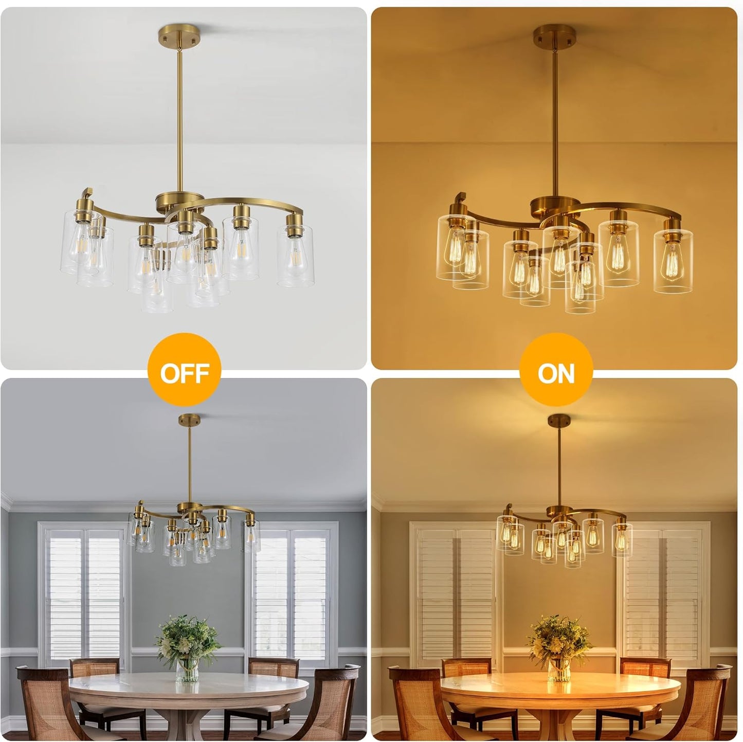 9-Light Gold Glass Chandelier, Adjustable Height Dining Room Light Fixtures Over Table, Contemporary Hanging Chandelier for Kitchen Island Living Room Foyer Office, Clear Glass Shade