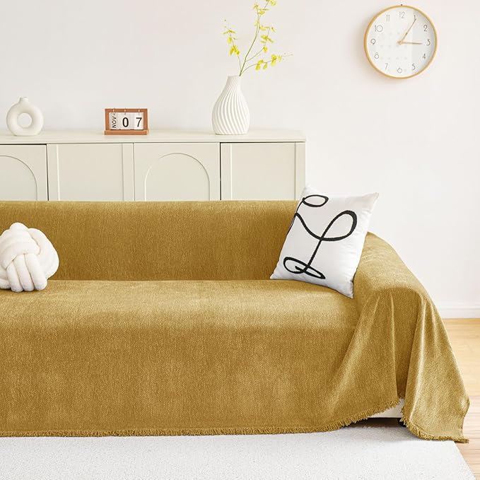 hyha Couch Cover for Dogs, Boho Sofa Covers for 3 Cushion Couch Washable, Chenille Sofa Slipcover for Pets, Soft Loveseat Sectional Couch Throw Blankets with Tassels (Yellow, 88.5x150 Inch)