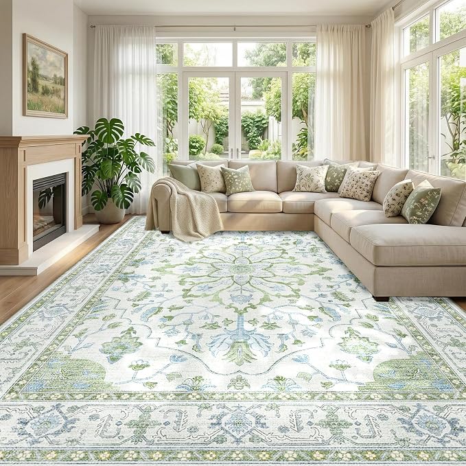 Area Rugs 9'x12' Washable Non-Slip, Floral Vintage Distress Print Pattern - Image 2