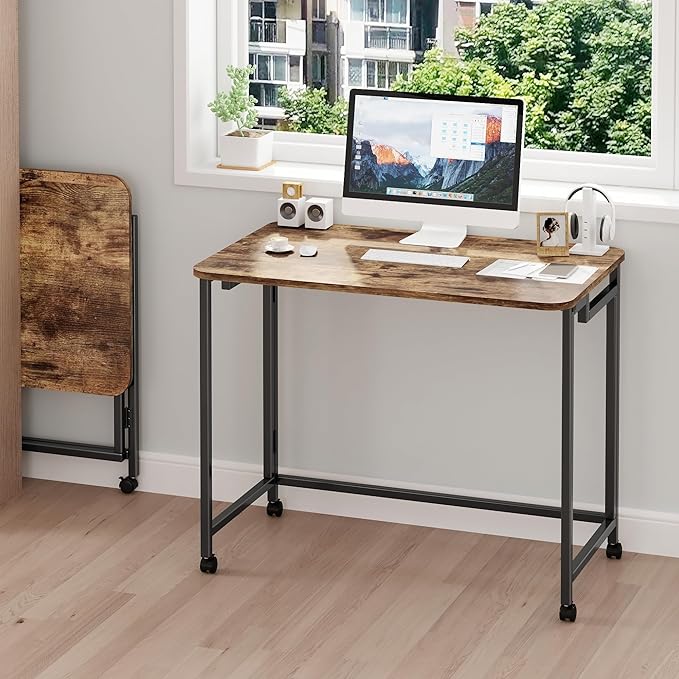 JSB Small Folding Computer Desk with Storage Bag and Hook Writing Modern Industrial Work Table Laptop for Home Office White (Rustic & Brown, 31.5")
