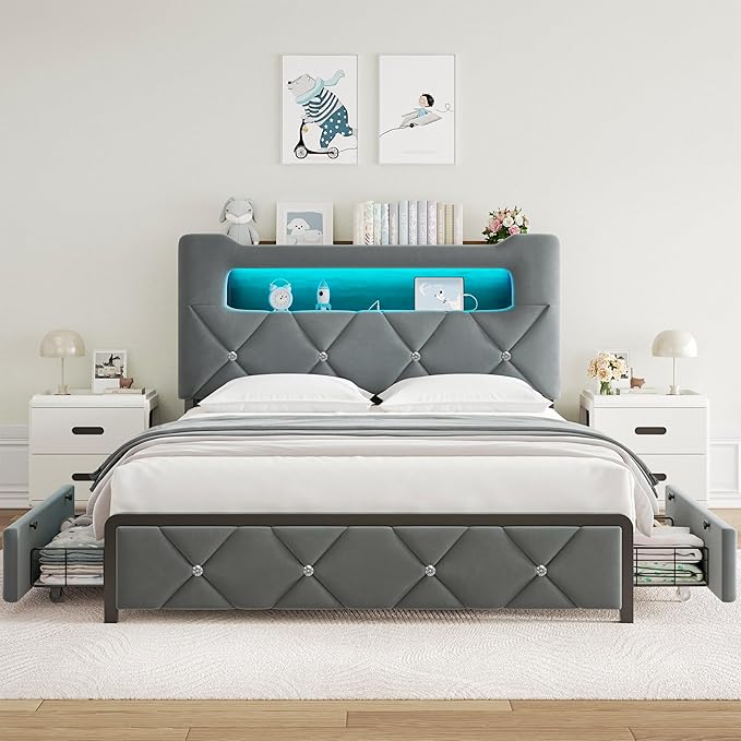 Queen Upholstered LED Bed Frame with 2 Storage Drawers and 2-Tier Storage Headboard, Velvet Platform Bed with Charging Station & Bookcase, Corner Bed Frame, Heavy Duty Metal Support, Grey