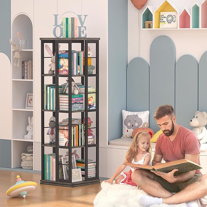 Aheaplus Rotating Bookshelf, 4-Tier Corner Bookshelf, 360 Display Wood Spinning Bookshelf, Floor Standing Bookcase Narrow Shelf Revolving Organizer Storage Rack for Small Space, Grey Oak