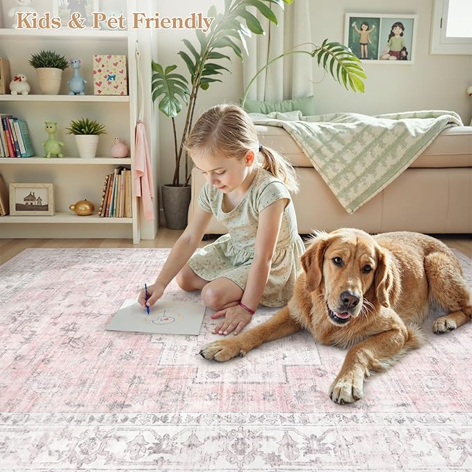 LIVEBOX Pink 6x9 Area Rug for Bedroom Girls, Boho Washable Rugs for Living Room Nursery, Non-Slip Indoor Soft Carpet Low-Pile Farmhouse Carpets for Dining Room Kids Playroom, Pink