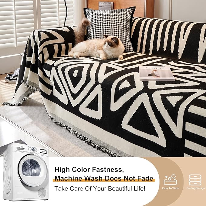 STACYPIK Boho Triangle Couch Cover for Dogs Non-Slip Sofa Cover for 3 Cushion Couch Sofa Beige Black Sectional Couch Cover Pet Furniture Protector Covers Reversible Anti Slip Loveseat Cover-91X134IN