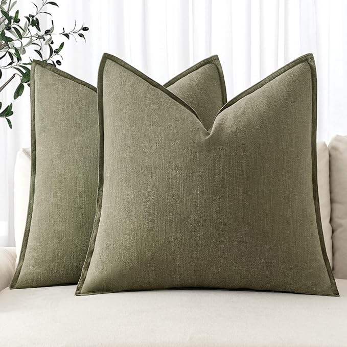 MIULEE Decorative Linen Pillow Covers 18x18 Inch Light Olive Green ​Boho by MIULEE
