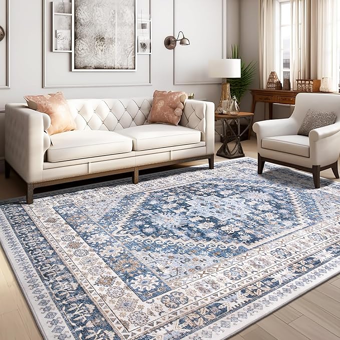zesthome 9x12 Area Rugs,Stain Resistant Washable Rug,Ultra-Thin Rugs for Living Room,Bedroom,Non-Slip Backing Home Decor Large Area Rug (Blue/Beige,9'x12')