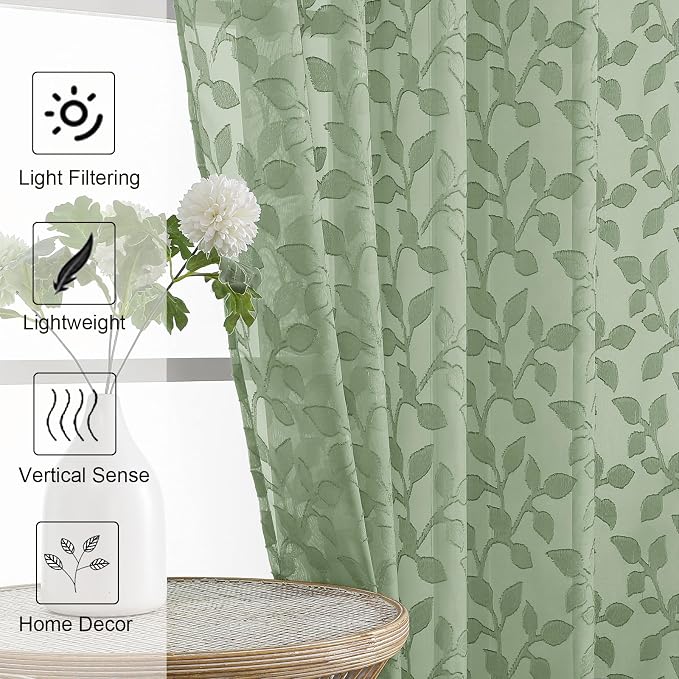 Chyhomenyc Sage Green Sheer Curtains 72 Inches Long 2 Panels Set, Light - Image 3