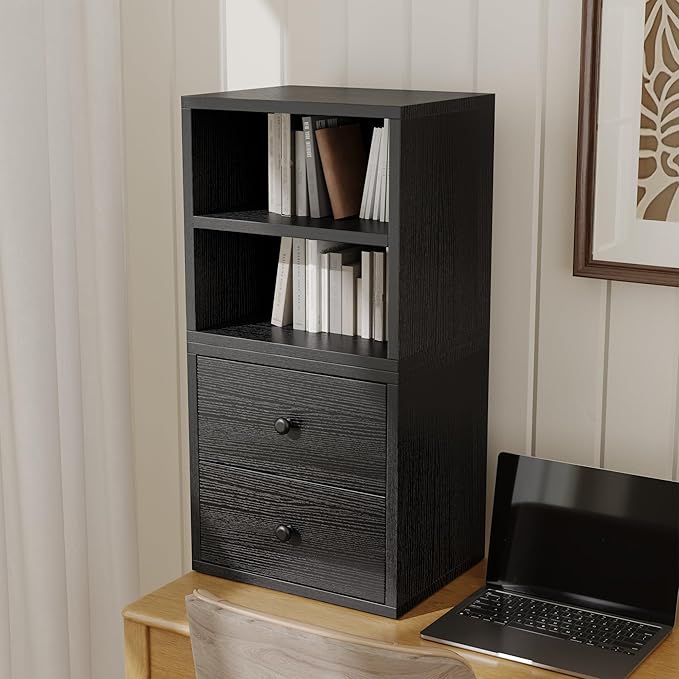 FUSUNBAO Magic DIY Cube Storage Organizer Stackable Cubes for Home Books Clothes Toy-Modular Cubby Storage System-Office Cubical-Bookcase Closet (Black, Drawer Cube)