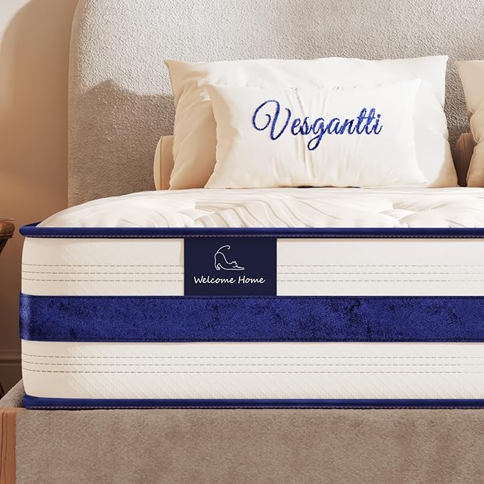 Vesgantti King Size Mattress,12 Inch Hybrid Innerspring Mattress in a Box with Memory Foam, Back Support & Pressure Relief, Medium Firm Feel for Adults (King Size)