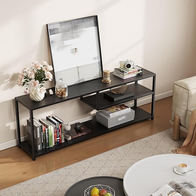 TECHMILLY Modern TV Stand for 65" TV, TV Table with Storage Shelves, Entertainment Center with Metal Frame, TV Console Table for Living Room, Bedroom, Black