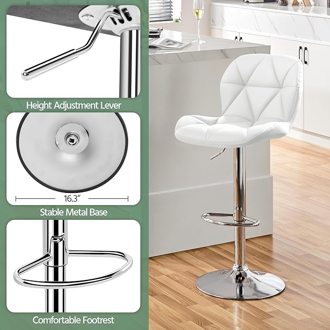 Yaheetech Barstools Set of 2, PU Leather Counter Stools Bar Chairs with Backrest, Height Adjustable Swivel Tall Chairs for Home Bar Kitchen Island, White