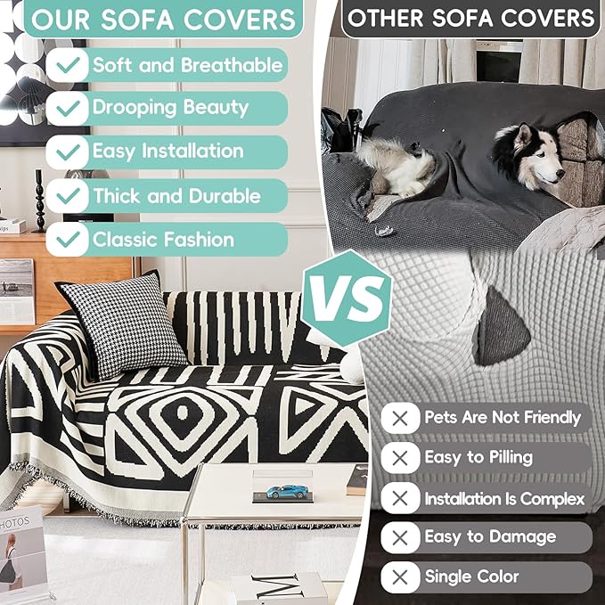 STACYPIK Boho Geometric Sofa Cover Chenille Beige Black Couch Cover for Dog Pet Friendly Couch Protector for 3-4 Cushion Couch Non-Slip Jacquard Sectional Couch Cover Tassels Sofa Slipcover-71x150IN
