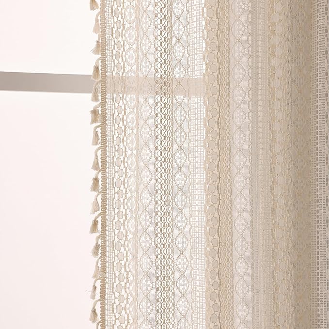 WAZZIO Boho Lace Curtains 54 Inches 2 Panel, Light Filtering Privacy Tassel & - Image 5