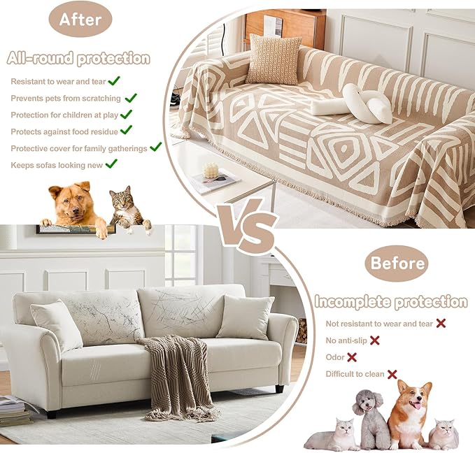 HANDONTIME Sofa Covers for Sectional Sofa Set Boho Couch Cover for Dogs Khaki - Image 6