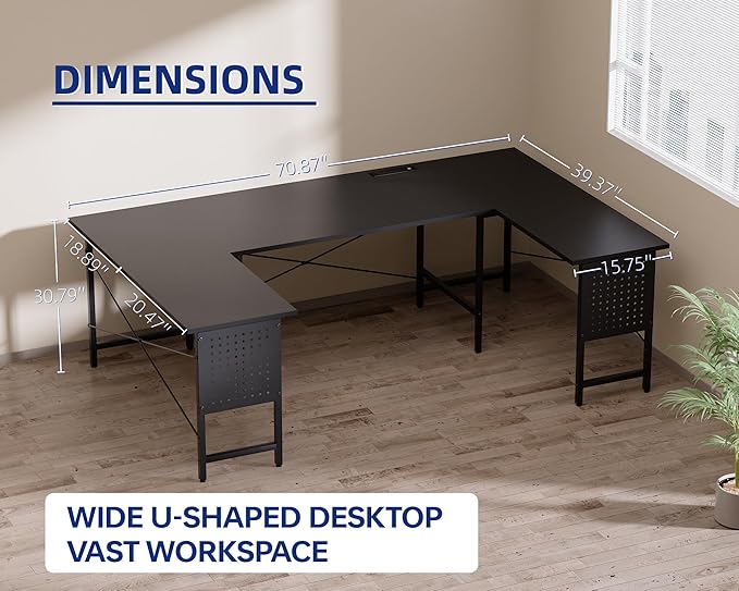 Pamray 71 Inch Large Computer Desk with Power Outlets,U Shaped Corner Desk for Home Office Work and Gaming Marble