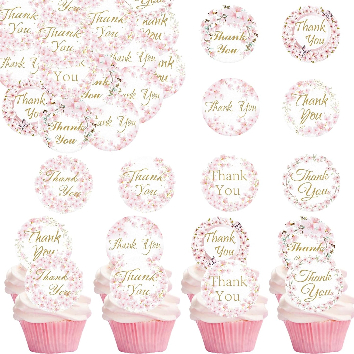 36PCS Edible Cherry Blossoms Thank You Cupcake Toppers Pink Edible Cherry Flowers Cake Decor Wafer Paper Thank You Cupcake Topper for Flowers Theme Baby Shower Birthday Party Decor Supplies