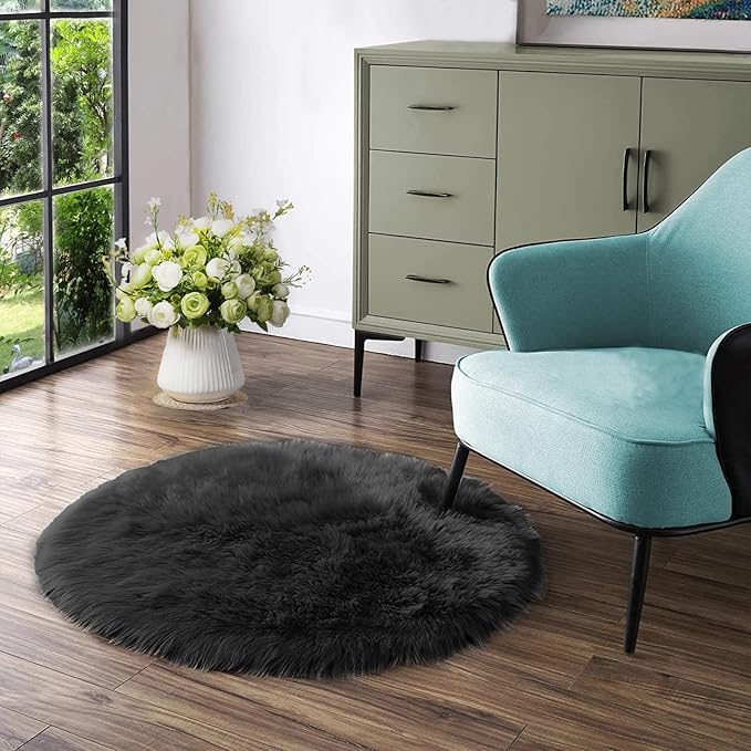 Latepis Black Shag Round Rug 5ft Washable Shaggy Circle Rugs Faux Fur Fuzzy by Latepis
