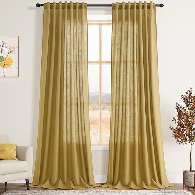Nanspring Gold Linen Curtains Semi Sheer Gold 96 Inches Long 2 Panels Set by Nanspring