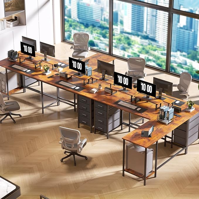 59 inch L Shaped Computer Desk with Power Outlets, Home Office Desk with 4 Adjustable Storage Drawers & 2 Monitor Stands, Two Person Gaming Table for Bedroom, Rustic Brown