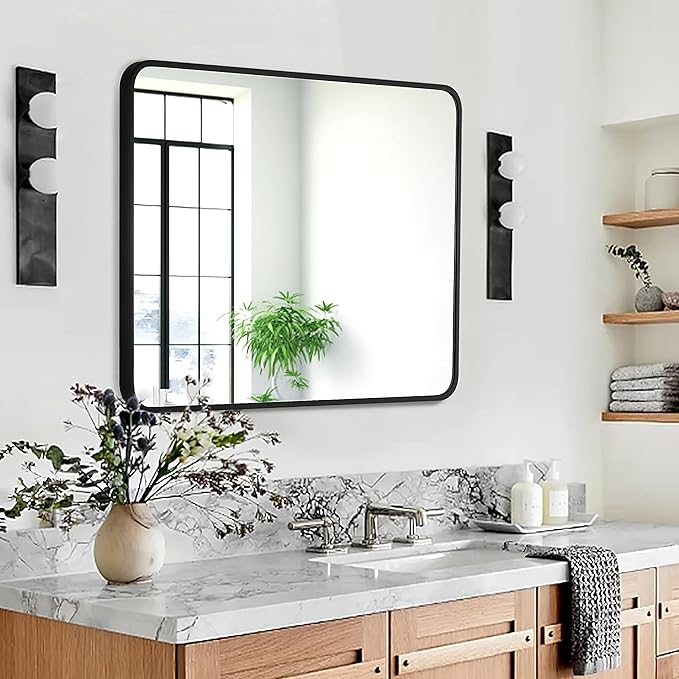 30x36 Inch Rectangle Bathroom Mirror with Black Metal Frame, Rounded Corner Rectangular Vanity Mirror for Wall, Modern Large for Bedroom, Living Room, Horizontal or Vertical