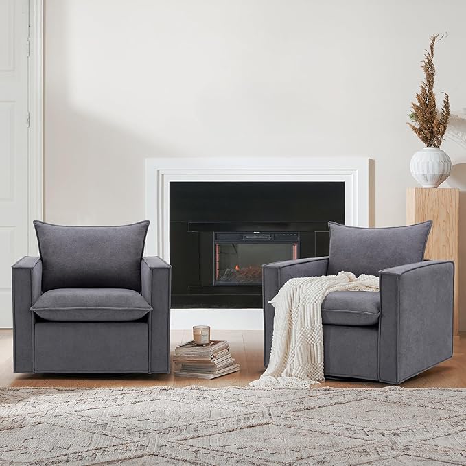 Swivel Accent Chair Set of 2, 34 Inches Wide Upholstered Arm Chair with Plump Back Pillow, Modern Sofa Living Room Chair for Bedroom, Corner, Reading Nook-Grey