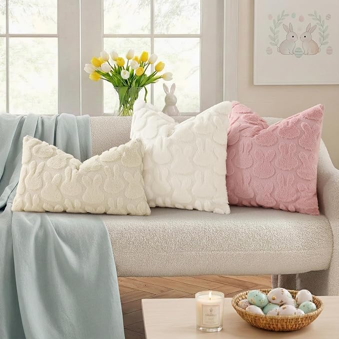 decorUhome Easter Bunny Pillow Covers 12x20 Inch Set of 2, Soft Plush Faux Wool - Image 3