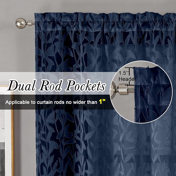 Lecloud Leia 2 PCS Navy Blue Kitchen Curtains 36 Inch Length, Lightweight Clip - Image 3