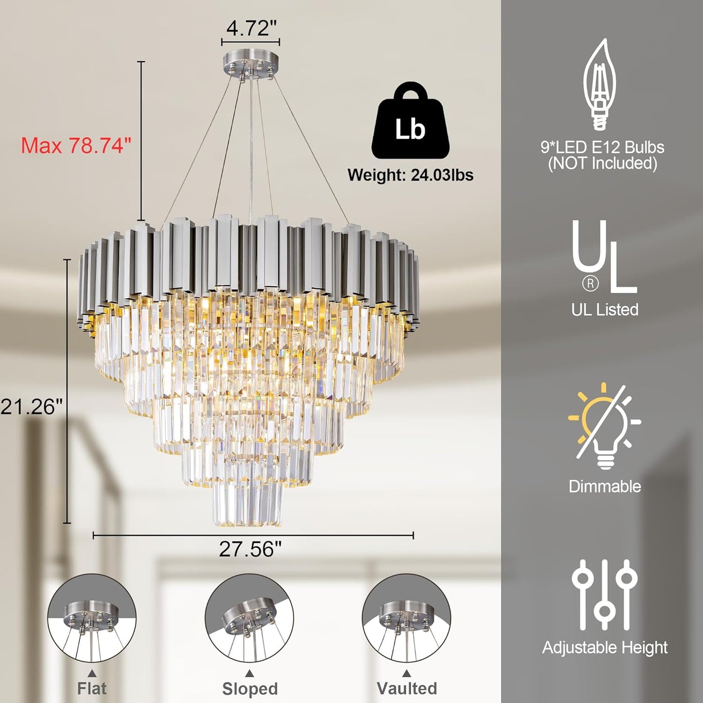 Modern Crystal Chandelier, 27.5" Silver Chandelier for Dining Room, 9-Light Luxury Round Chandeliers, 5-Tier Contemporary Light Fixture for Living Room, Bedroom, Foyer, Entryway