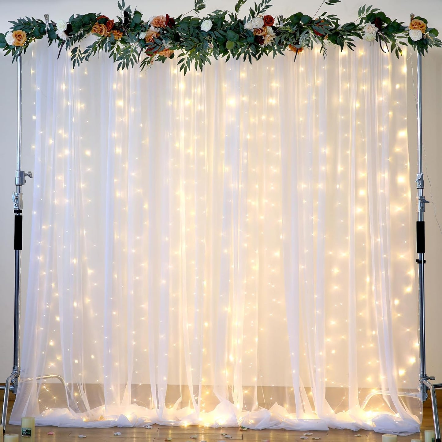White Backdrop Curtains with Lights String for Wedding Parties 10×10ft Sheer Tulle Backdrop Curtain for Bridal Shower Baby Shower Birthday Party Photo Shoot Background Decorations(2 Panels 10ft×10ft)