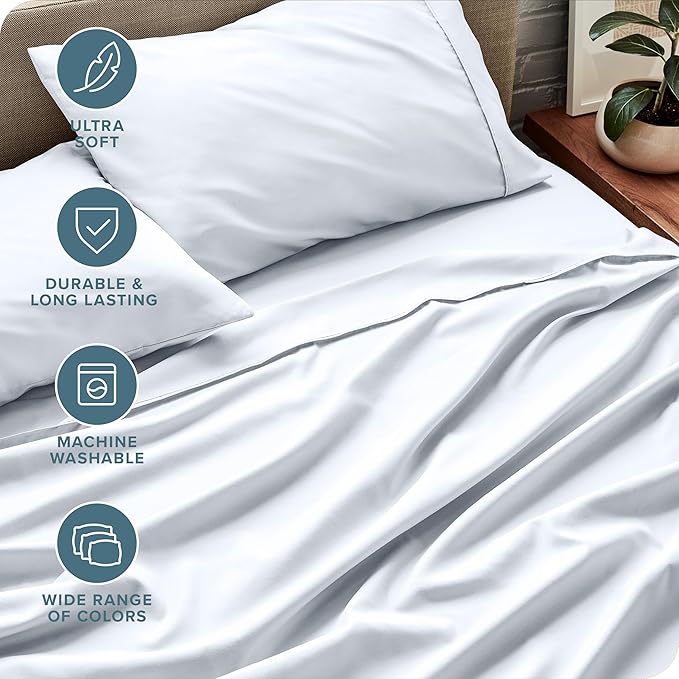Bare Home Short Queen Sheet Set - 1800 Ultra-Soft Microfiber - Double Brushed - Deep Pockets - Easy Fit - 4 Piece Set - Bed Sheets (Short Queen, White)