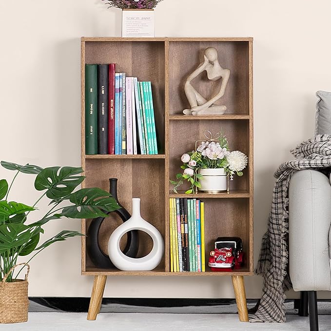 5 Cube Small Bookshelf,3 Tier Mid-Century Modern Bookcase with Legs,Wood Kids Bookshelves Storage Organizer Shelf,Free Standing Narrow Book Shelves,Oak Grey Corner Bookcases for Bedroom,Living Room
