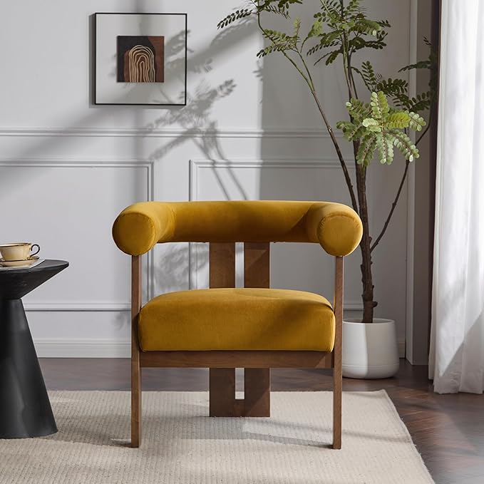 Christopher Knight Home Linton Modern Velvet Upholstered Accent Chair, Living Room Solid Wood Lounge Chair, Bedroom Soft Cushion Comfy Reading Chair, Home Office Sofa Armchair, Mustard Yellow+Brown