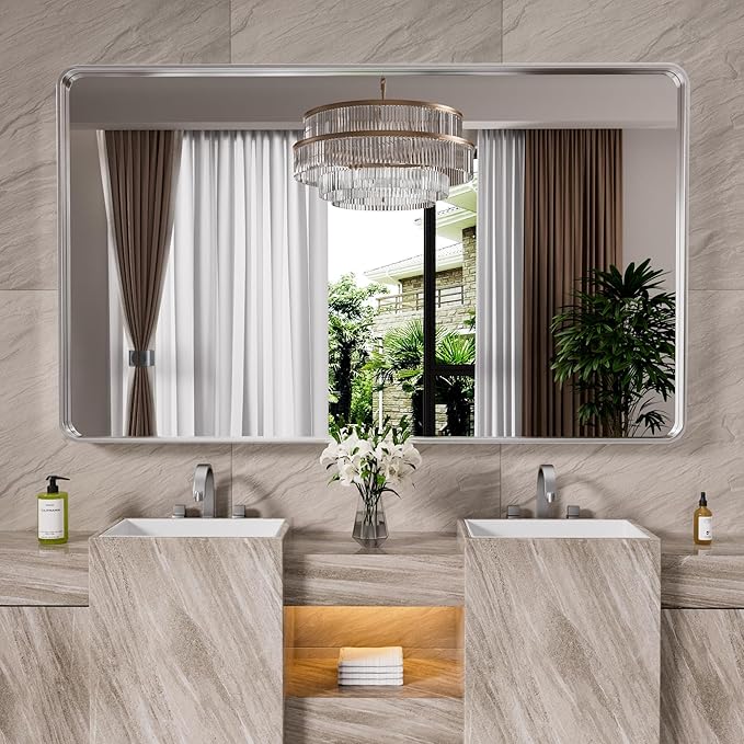 Brushed Nickel Bathroom Mirror 55x36 Inch, Brushed Silver Metal Frame Mirror Wall Mounted, Rounded Rectangle Bathroom Vanity Mirror, Tempered Glass, Anti-Rust, Horizontal/Vertical