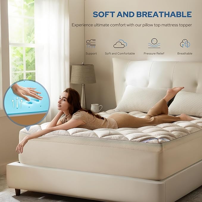 Bedlore 4-Inch King Mattress Topper for Back Pain - Dual Layer Medium Support (2" Gel Memory Foam + 2" Cooling Fluffy Pillow Top Pad), Breathable & Pressure Relief(Beige)