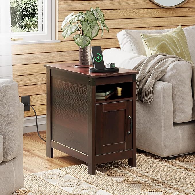 WLIVE Narrow End Table Set of 2 With Charging Station, Side Tables for Living Room, Small Spaces, Couch, Night Stand Set With Storage, USB Ports and Outlets, Espresso