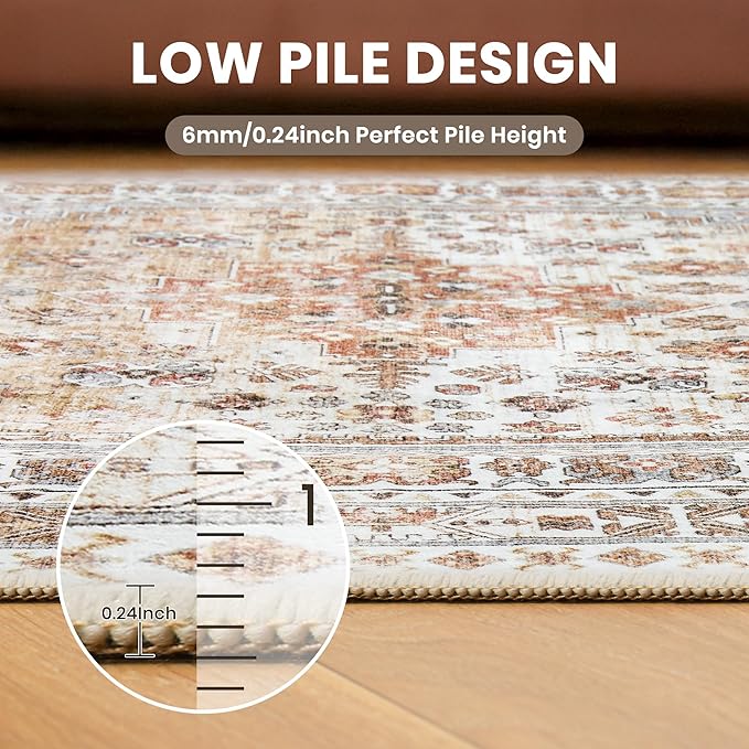 zesthome 8x10 Area Rugs for Living Room,Non-Slip Backing Washable Rugs,Vintage Large Area Rug，Stain Resistant Home Decor Rug (Orange,8'x10')