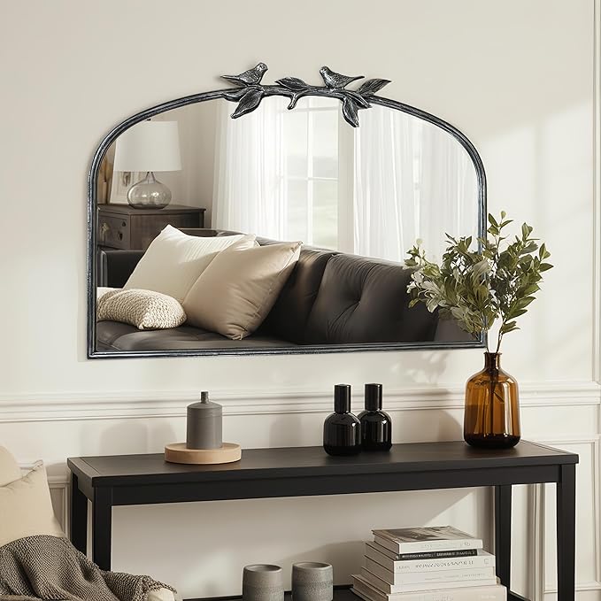 Silver Vintage Mirror - 36x24 Inch, Arched Antique Mirror with Ornate Frame for Bathroom, Living Room, Fireplace, Entryway