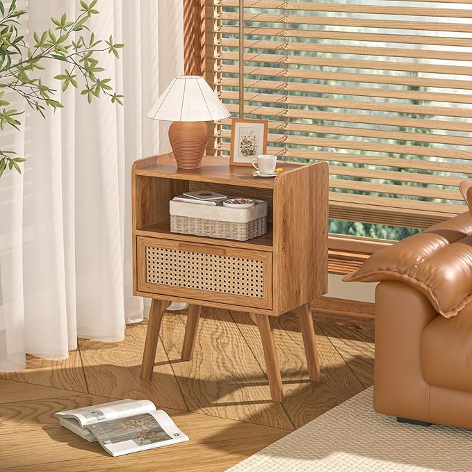 Lerliuo Rattan Nightstands Set of 2, Side Table with Drawer, Cane Accent Bedside End Table with Solid Wood Legs, Mid Century Modern Night Stand for Bedroom, Dorm and Small Spaces (Tea Brown)
