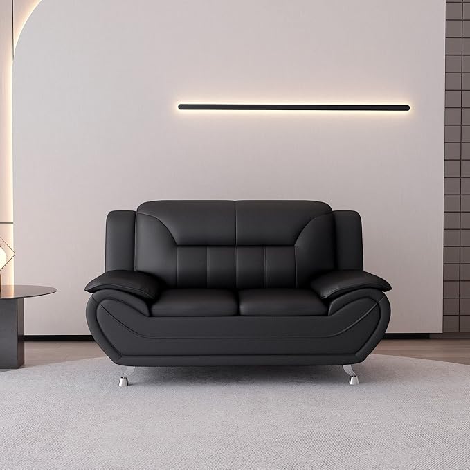 Container Furniture Direct Michael Modern Faux Leather Upholstered Stainless Steel Legs Living Room, Chair, Loveseat, Sofa, Soft Beige/Black