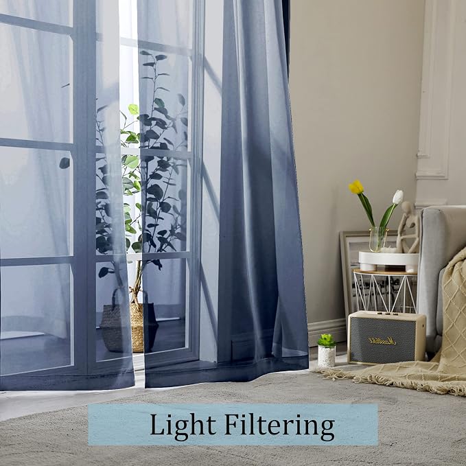 OWENIE Navy Blue Sheer Curtains 90 Inches Long, Solid Light Filtering Sheer - Image 2