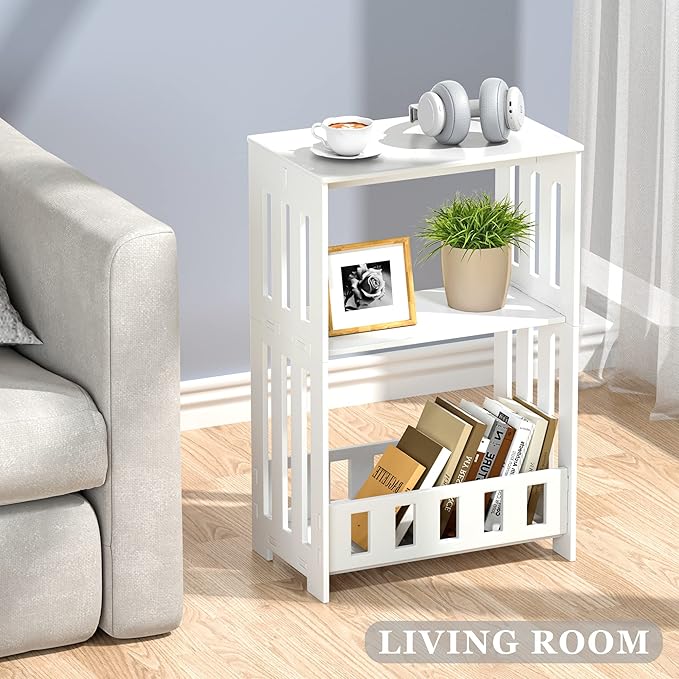 3 Tier Side Table Night Stand, Narrow End Table with Display Shelf, Small Bookcase Bookshelf, Simple Bedside Table Storage Rack for Bedroom, Living Room, Office, Bathroom, White