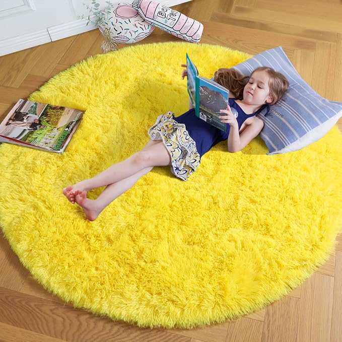 Amdrebio Yellow Circle Round Rug 6Ft by Amdrebio