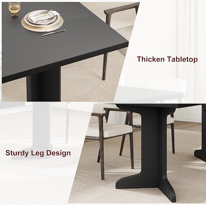 71" Large Dining Table for 6, Farmhouse Kitchen Table with Padded Top and Unique V-Shaped Feet, Rectangular Wooden Dining Table for 8 People for Home, Dining Room, Kitchen, Office, Black